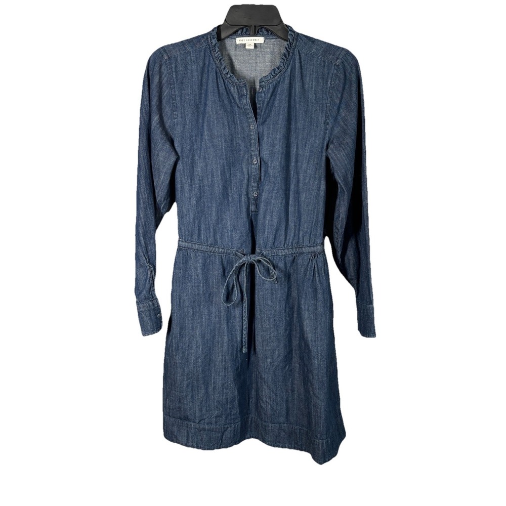 Free Assembly Dress Women's XS Blue Jean Denim Collared Belted Long Sleeve